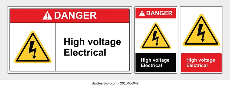 Signos de seguridad eléctricos de alta tensión, formas de paisaje de señas y de retrato, formatos estándar ANSI y OSHA. Voltaje del vector