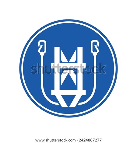 Safety sign, icon and symbol of working at height protective equipment. Body harness with double hook or lanyard. Vector illustration for industrial, construction or manufacturing.