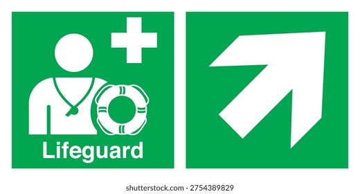 Safety sign indicating Safe Condition – Emergency Evacuation Lifeguard. This symbol identifies the presence or location of a lifeguard responsible for safety and rescue in aquatic environments such as swimming pools, beaches, and water recreation areas. Designed to provide clear visual guidance during normal operations or emergencies, helping people quickly recognize trained rescue personnel and improving overall water safety awareness. Suitable for public facilities, resorts, water parks, and safety management systems.