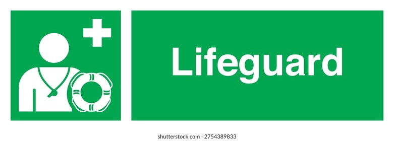 Safety sign indicating Safe Condition – Emergency Evacuation Lifeguard. This symbol identifies the presence or location of a lifeguard responsible for safety and rescue in aquatic environments such as swimming pools, beaches, and water recreation areas. Designed to provide clear visual guidance during normal operations or emergencies, helping people quickly recognize trained rescue personnel and improving overall water safety awareness. Suitable for public facilities, resorts, water parks, and safety management systems.