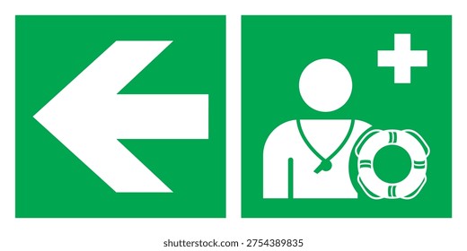Safety sign indicating Safe Condition – Emergency Evacuation Lifeguard. This symbol identifies the presence or location of a lifeguard responsible for safety and rescue in aquatic environments such as swimming pools, beaches, and water recreation areas. Designed to provide clear visual guidance during normal operations or emergencies, helping people quickly recognize trained rescue personnel and improving overall water safety awareness. Suitable for public facilities, resorts, water parks, and safety management systems.