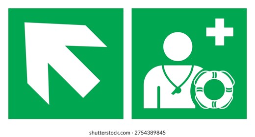 Safety sign indicating Safe Condition – Emergency Evacuation Lifeguard. This symbol identifies the presence or location of a lifeguard responsible for safety and rescue in aquatic environments such as swimming pools, beaches, and water recreation areas. Designed to provide clear visual guidance during normal operations or emergencies, helping people quickly recognize trained rescue personnel and improving overall water safety awareness. Suitable for public facilities, resorts, water parks, and safety management systems.
