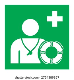 Safety sign indicating Safe Condition – Emergency Evacuation Lifeguard. This symbol identifies the presence or location of a lifeguard responsible for safety and rescue in aquatic environments such as swimming pools, beaches, and water recreation areas. Designed to provide clear visual guidance during normal operations or emergencies, helping people quickly recognize trained rescue personnel and improving overall water safety awareness. Suitable for public facilities, resorts, water parks, and safety management systems.