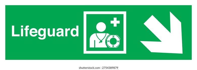 Safety sign indicating Safe Condition – Emergency Evacuation Lifeguard. This symbol identifies the presence or location of a lifeguard responsible for safety and rescue in aquatic environments such as swimming pools, beaches, and water recreation areas. Designed to provide clear visual guidance during normal operations or emergencies, helping people quickly recognize trained rescue personnel and improving overall water safety awareness. Suitable for public facilities, resorts, water parks, and safety management systems.