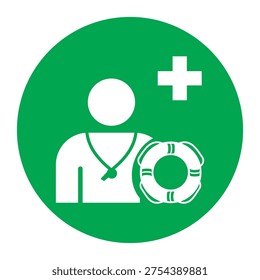 Safety sign indicating Safe Condition – Emergency Evacuation Lifeguard. This symbol identifies the presence or location of a lifeguard responsible for safety and rescue in aquatic environments such as swimming pools, beaches, and water recreation areas. Designed to provide clear visual guidance during normal operations or emergencies, helping people quickly recognize trained rescue personnel and improving overall water safety awareness. Suitable for public facilities, resorts, water parks, and safety management systems.