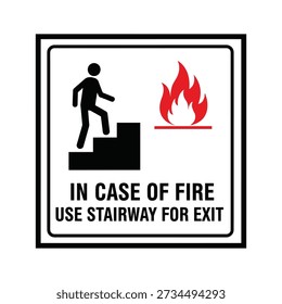 A safety sign indicating that in case of fire, people should use the stairway for exit, with a pictogram of a person climbing stairs and a fire symbol.