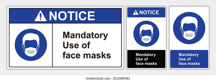 Sicherheitskennzeichnung Obligatorische Verwendung von Gesichtsmasken, Schilderlanscape und Potrait-Formularen, ANSI und OSHA Standardformaten. Vektor covid 19