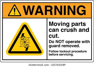 Safety Sign Marking Label Symbol Pictogram Standards Warning Moving parts can crush and cut Do NOT operate with guard removed Follow lockout procedure before servicing fan machine