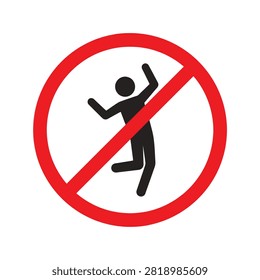 Safety sign prohibiting running or jumping. Black silhouette pictogram of a jumping person inside a red prohibition circle, isolated on a white background. Great for pool areas, corridors, and school safety.