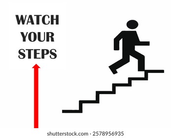 A safety sign with the text "WATCH YOUR STEPS" alongside a simple illustration of a person walking up stairs. A red arrow points to the text, emphasizing the cautionary message.