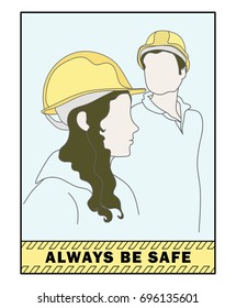 Safety sign vector. Architecture students construction site visit. Young couple wearing hard hats. 