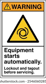 Safety Sign Warning Equipment Starts Automatically Lockout and Tagout Before Servicing Vertical White