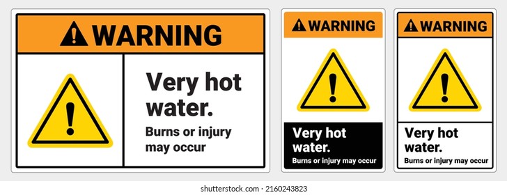 Safety Sign Warning Very Hot Water, Burn Or Injury May Occur. ANSI And OSHA Standard Formats