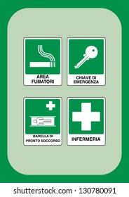 Safety signals: Designated Smoking Area, emergency key, emergency stretcher, first aid