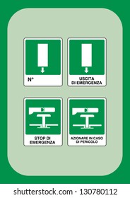Safety signals: Output number, emergency exit, emergency stop, operate in case of emergency