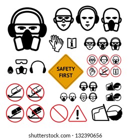 Safety signs for abrasive wheel on the angle grinder. bold line icons. Not allowed sign and safety first sign included