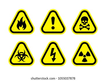 Safety signs. Caution symbol. Collection of warning marks. Signs of danger. Signs of alerts. Alert sign. Electricity icon. Death, skull, fire, exclamation point, bacteriological. Danger signs.