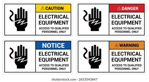 Sicherheitshinweise, die vor elektrischen Geräten und potenziellen Gefahren durch Stromschläge warnen und den Zugang nur für qualifiziertes Personal beschränken.