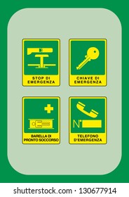 Safety signs: emergency stop, emergency key, proneto rescue stretcher, emergency phone
