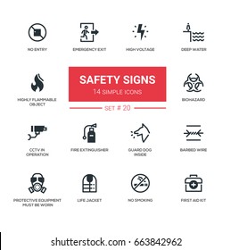 Safety Signs - Modern Vector Icon, Pictograms Set. No Smoking, Emergency Exit, Voltage, Water, Flammable, Biohazard, Guard Dog, CCTV, Fire Extinguisher, Barbed Wire, Protective, Life Jacket, First Aid