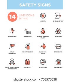 Safety Signs - modern vector icon, pictograms set. No smoking, emergency exit, voltage, water, flammable, biohazard, guard dog, CCTV, fire extinguisher, barbed wire, protective, life jacket, first aid
