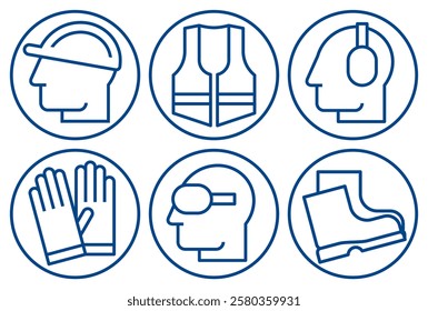 Safety signs - must be worn symbols, wear hearing protection, helmet, safety shoes, gloves and wear protective vest and wear safety glasses. Mandatory safety icons. Protective workwear, PPE sign set