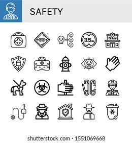 safety simple icons set. Contains such icons as Officer, First aid kit, Condom, Virus, Height limit, Police station, Protection, Fire hydrant, can be used for web, mobile and logo