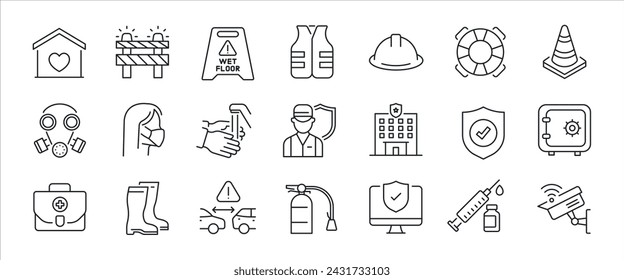 Safety simple minimal thin line icons. Related construction, hazard, protection, health. Vector illustration.