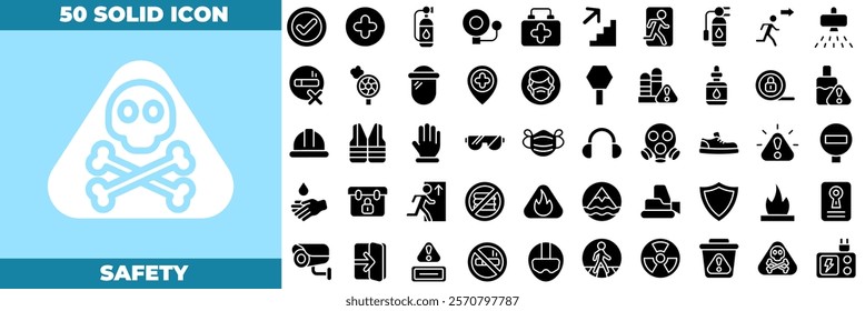 Safety Solid Editable Icons set. Vector illustration in modern thin solid style of safety icons: Hard Hat, Safety Glasses, Ear Protection, Safety Shoes, etc