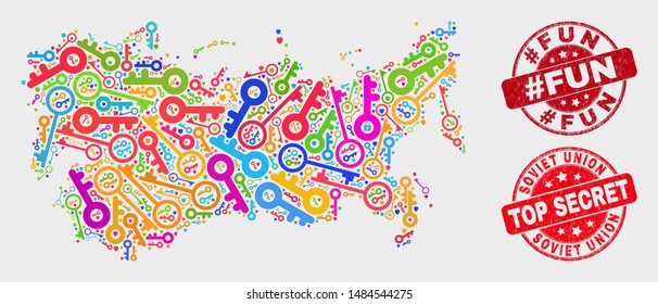 Safety Soviet Union map and seal stamps. Red round Top Secret and #Fun grunge stamps. Colorful Soviet Union map mosaic of different security icons. Vector composition for security purposes.