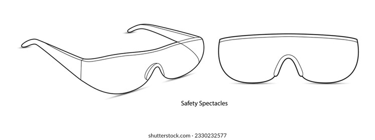 Espectáculos de seguridad marco gafas de moda ilustración accesoria. Delante de vidrio solar y vista 3-4 para hombres, mujeres, estilo de silueta unisex, anteojos de anteojos de lente plana con esbozo de esbozo de lente aislado