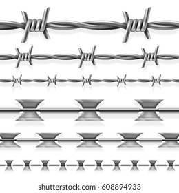 Safety steel barbed and razor wire vector seamless prison borders set. Barrier with steel barbed for security prison, illustration of prison fence