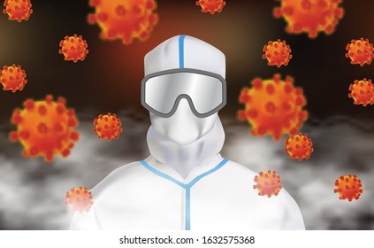 Safety Sterile Coverall Gown On The Pandemic Virus Area Illustration Concept With Dark Background