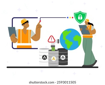 Safety storage of waste concept. Two engineers are checking and inspecting of chemical waste management, hazardous material storage, safe container, sorting and recycling, dangerous substance. 