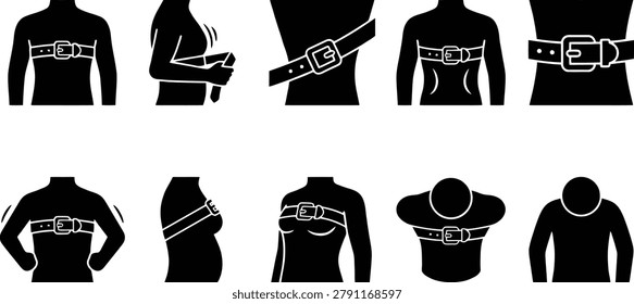 Safety strap and restraint silhouettes collection for body measurement and security concepts Seat belt usage and medical device icons for UI