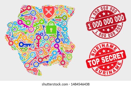 Safety Suriname map and seal stamps. Red round Top Secret and 1 000 000 000 grunge seal stamps. Colored Suriname map mosaic of different safeguard items. Vector collage for keeping purposes.