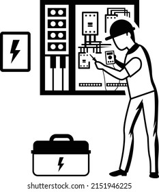 Safety switch problems vector icon design, Electrician Profession symbol, Power Supply and wiring Sign, handyman and Repairman tools stock, Person Working on Circuit breaker in switch box Concept,