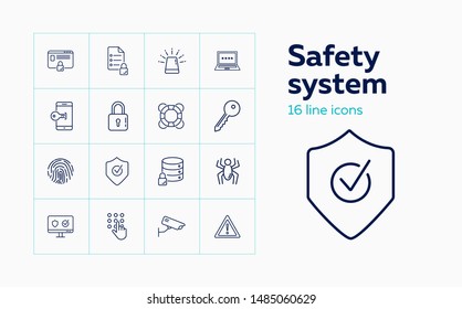 Safety system line icon set. Computer, data storage, alarm signal. Protection concept. Can be used for topics like antivirus, information technology, software