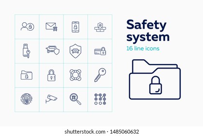Safety system line icon set. Car, shield, lock, key, spider. Protection concept. Can be used for topics like antivirus, car alarm system, credit card security