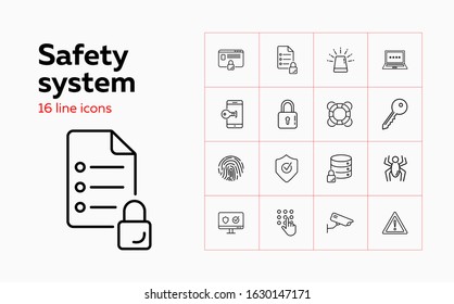 Safety system line icon set. Computer, data storage, alarm signal. Protection concept. Can be used for topics like antivirus, information technology, software