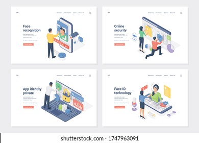 Safety system, secure access isometric landing page templates set. Face recognition, online security, app identity private, face ID technology. Account holders with devices cartoon characters