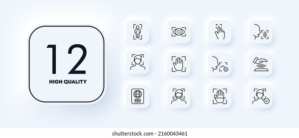 Icono de conjunto del sistema de seguridad. Reconocimiento de voz, reconocimiento facial, escaneo, autenticación, nfs, pasaporte, biométrica, etc. concepto de identificación. Estilo neomorfista. Icono de línea de vector para negocios y publicidad