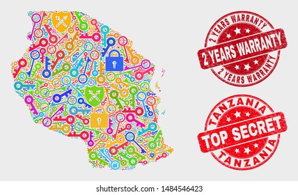 Safety Tanzania map and seal stamps. Red rounded Top Secret and 2 Years Warranty textured seal stamps. Colored Tanzania map mosaic of different shield icons. Vector composition for guard purposes.