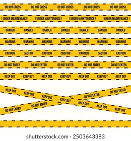 Safety tape design with black and yellow colors. Under maintenance seamless tape vector for a construction site. Police or industrial safety tape collection with police warning sign and blank space.