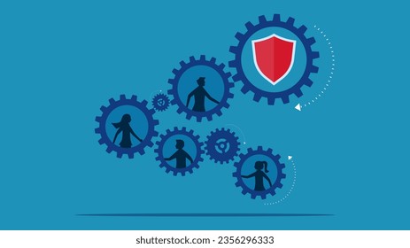 Safety team. Business working together on cogwheels with shields