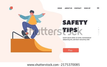Safety Tips Landing Page Template. Kid Jumping on Quarter Pipe, Skateboarding Outdoor Activity. Little Boy Fun in Skateboard Park. Skateboarder Child Character Sport. Cartoon Vector Illustration