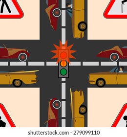 Safety traffic on the road Traffic lights and signs on the road on which move a lot of cars, seamless texture 