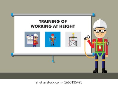 Safety Trainer Cartoon Character On Presentation. Training Of Working At Height. Flat Style Vector Image. Background Illustration.