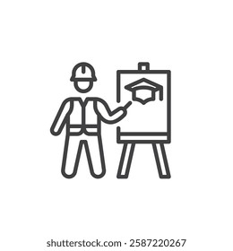 Safety Training line icon. linear style sign for mobile concept and web design. A worker with PPE attending training outline vector icon. Symbol, logo illustration. Vector graphics