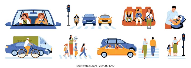 Safety and transport set with city street symbols flat isolated vector illustration